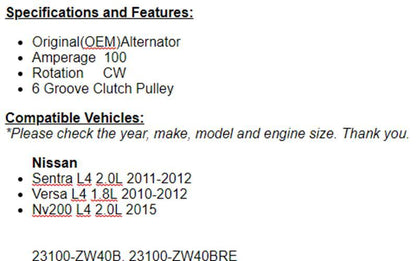 Alternator Fits 2010-2012 Versa 1.8L, Nissan Sentra 2011-2012 (2.0L) OEM