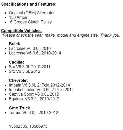 New Alternator For Buick Lacrosse 2010-2014, 2012 2013 2014 Chevy Impala 3.6L