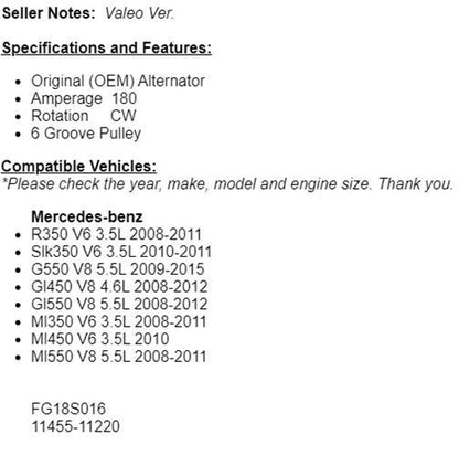 Fits Mercedes R350 SLK350 G550 GL450 ML350 ML450 ML550 Alternator OEM