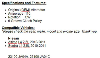 For Nissan Altima 2010-2011, Sentra 2.5L OEM Alternator