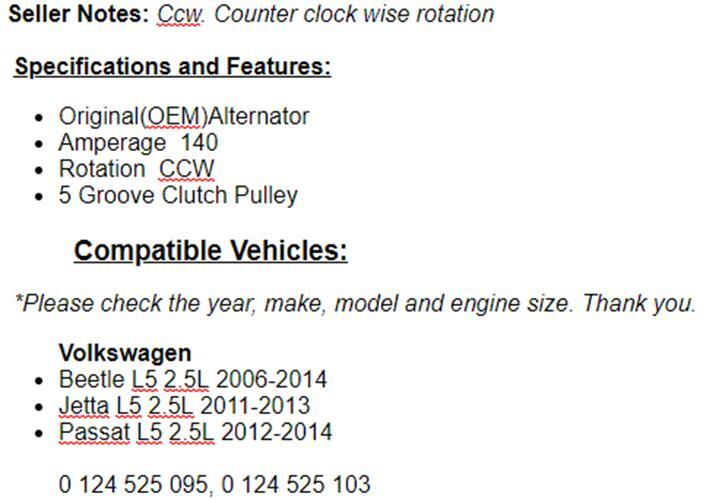 New Alternator For Volkswagen Passat 2012-2014 (2.5L), 2011-13 Jetta 2.5L