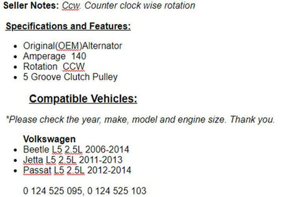 New Alternator For Volkswagen Passat 2012-2014 (2.5L), 2011-13 Jetta 2.5L