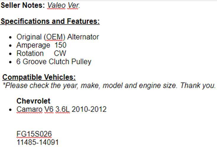 150AMP Alternator For Chevy Camaro 2010 2011 2012 (3.6L) Valeo ver.