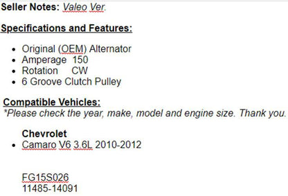 150AMP Alternator For Chevy Camaro 2010 2011 2012 (3.6L) Valeo ver.