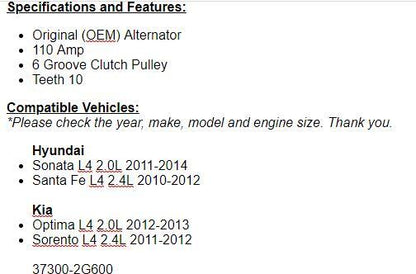 New Alternator For Hyundai Sonata 2011 2012-2014 (2.0L), 2012-2013 Kia Optima