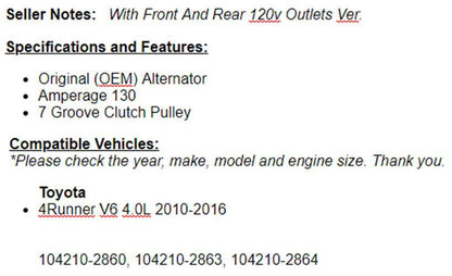 New Alternator 130 Amp Fits Toyota 4Runner 2010 2011 2012 2013 2014-2016 (4.0L)