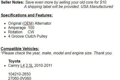 For Toyota Camry 2010-2011 (2.5L) Alternator