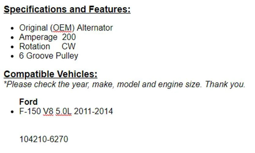 (220 Amp) New Alternator Fits Ford F150 2011 2012 2013 2014 Lobo (5.0L)