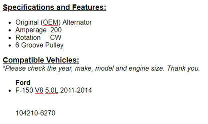 (220 Amp) New Alternator Fits Ford F150 2011 2012 2013 2014 Lobo (5.0L)