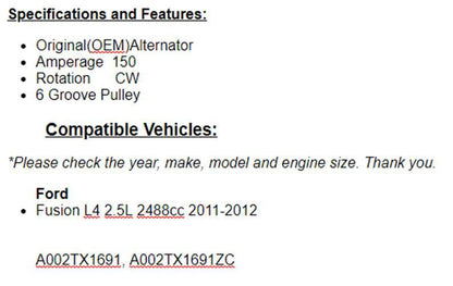New Alternator For Ford Fusion 2011-2012 (2.5L)