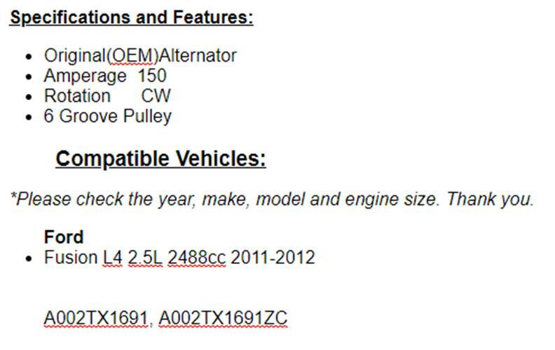 OEM Alternator For Ford Fusion 2011 2012 (2.5L)