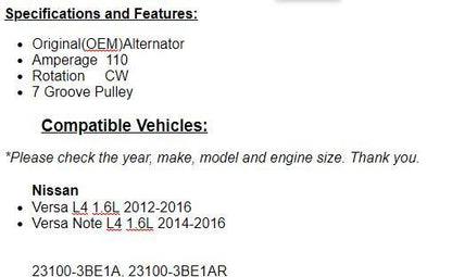 Fits Nissan Versa 2012 2013-2016, 2014 2015 2016 Versa Note 1.6L Alternator