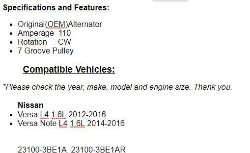 Alternator Fits Nissan Versa 2012 2013 2014-2016, (1.6L) 2014-2016 Versa Note