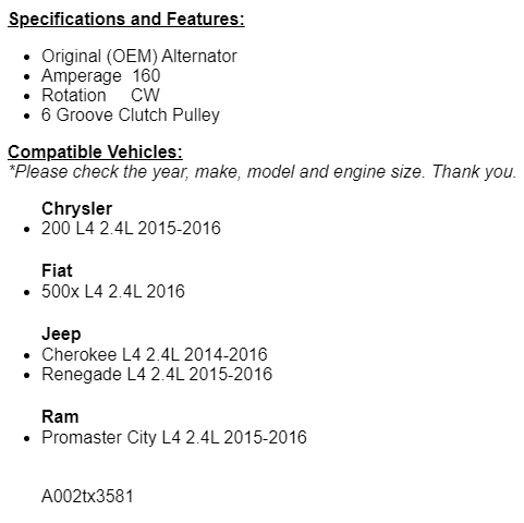 New Alternator Fits Jeep 2015-2016 Renegade 2.4L, Cherokee 2014-2016