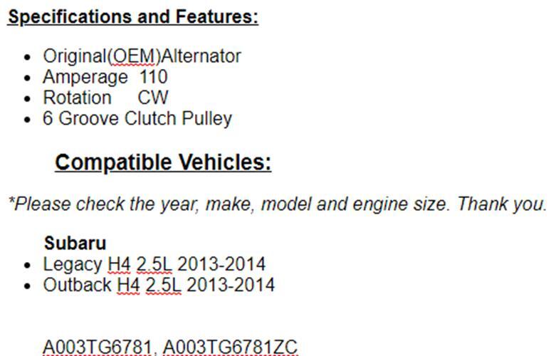 OEM Alternator For Subaru Legacy, Outback (2.5L) 2013-2014