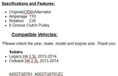 OEM Alternator For Subaru Legacy, Outback (2.5L) 2013-2014