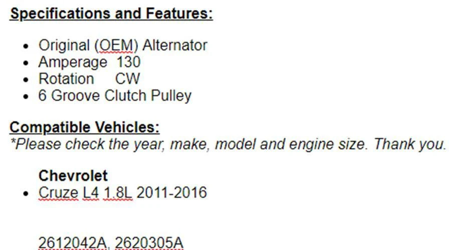 OEM Alternator For Chevrolet Cruze 2011 2012 2013 2014 2015 2016 (1.8L)