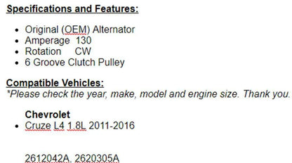 OEM Alternator For Chevrolet Cruze 2011 2012 2013 2014 2015 2016 (1.8L)