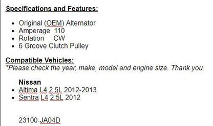 New Alternator For Nissan Altima 2012-2013 (2.5L), 2012 Sentra 2.5L
