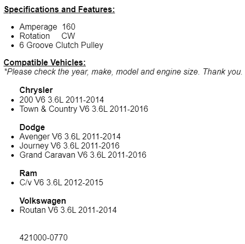 New Alternator For Chrysler 200 2011-2014 2011-2016 Town and Country 3.6L