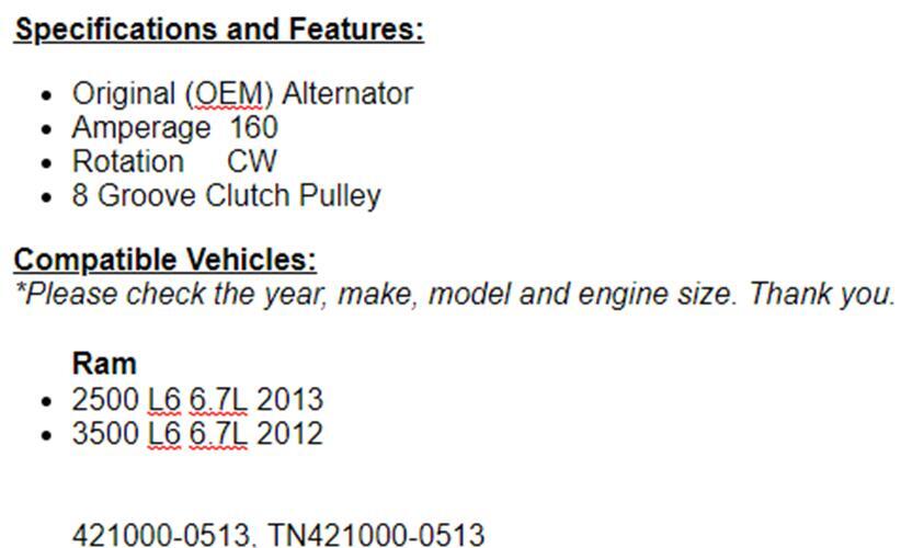Alternator Fits RAM 2500 2013 , 2012 3500 (6.7L)