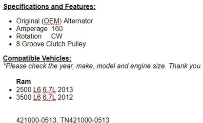 Alternator Fits RAM 2500 2013 , 2012 3500 (6.7L)