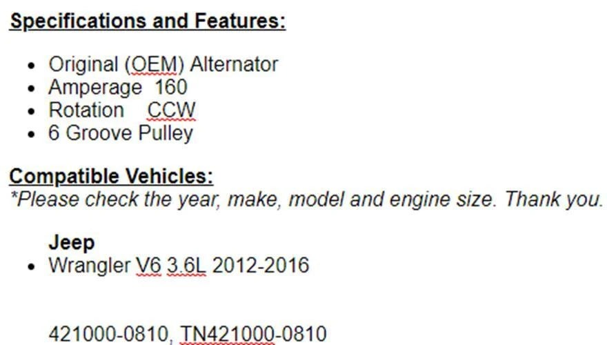 (160 Amp) OEM Alternator For Jeep Wrangler 2012 2013 2014 2015 2016 (3.6L)