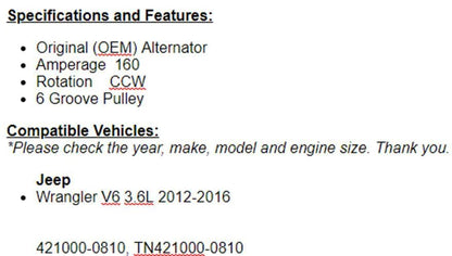 (160 Amp) OEM Alternator For Jeep Wrangler 2012 2013 2014 2015 2016 (3.6L)