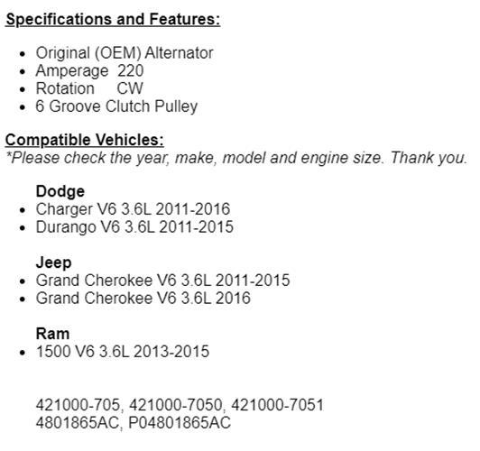(220 Amp) New Alternator For Dodge Durango 2013 2014 2015 Ram 1500 2011-2015 3.6