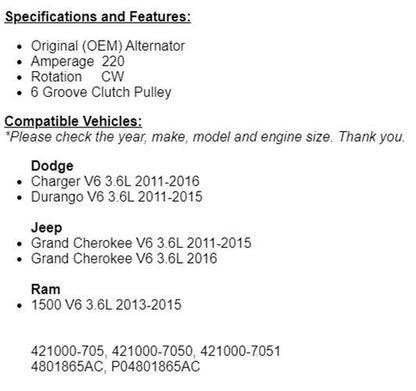 (220 Amp) New Alternator For Dodge Charger and Grand Cherokee  2011-2016 (3.6L)