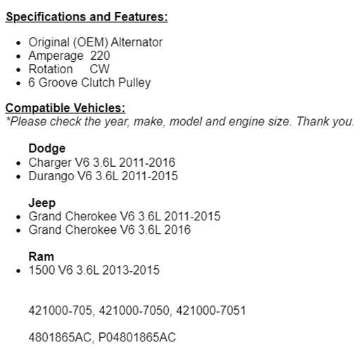 (220 Amp) OEM Alternator For Dodge Durango 2013 2014 2015 Ram 1500 2011-15 3.6L