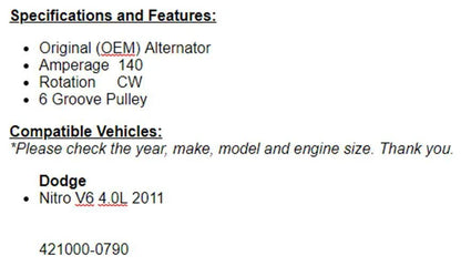 New Alternator Fits Dodge Nitro 2011 4.0L 11593n
