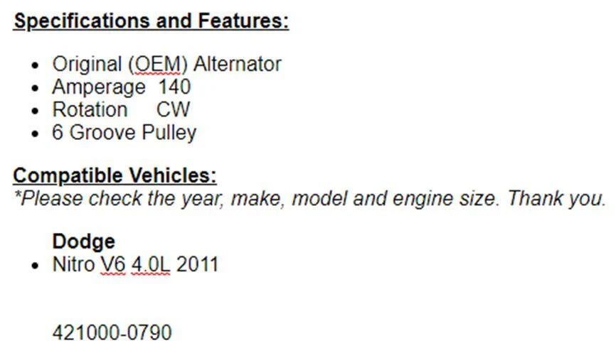 New Alternator Fits 2011 4.0L Dodge Nitro
