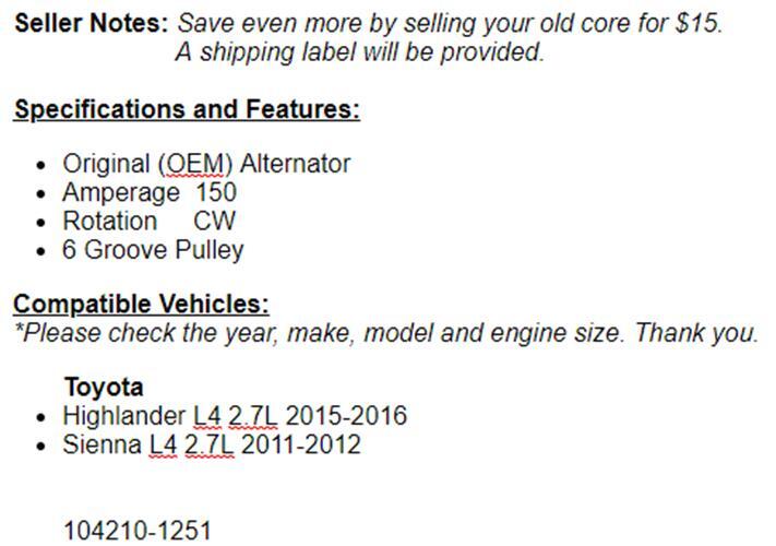 (150 Amp) New Alternator For Toyota 11-12' Toyota Sienna 2.7L, Highlander 15-16'