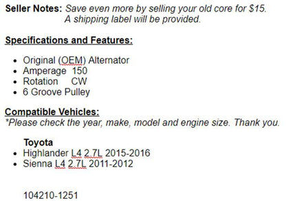 (150 Amp) New Alternator For Toyota Highlander 15-16', 11-12' Toyota Sienna 2.7L