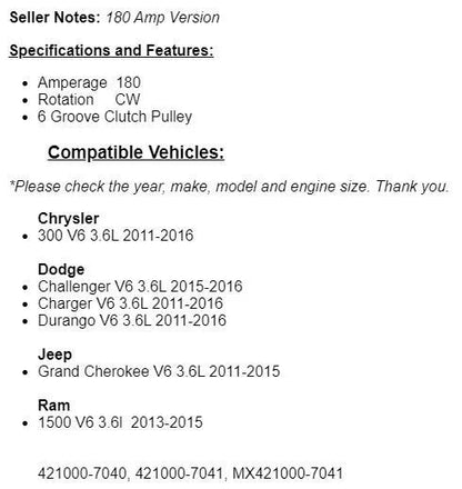 (180 Amp) Fits Dodge Durango 2011 2012 2013-2016, 2015-16 Challenger Alternator