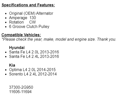 OEM Alternator for Hyundai Santa Fe Sport 2013 2014 2015 2016, Optima 2014-2015