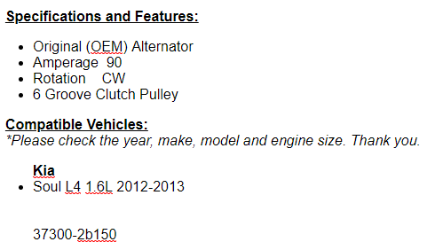 New Alternator Fits Kia Soul 2012-2013 (1.6L)