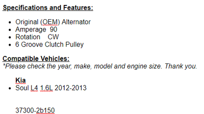 New Alternator Fits Kia Soul 2012-2013 (1.6L)
