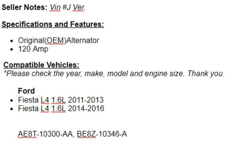 Alternator For Ford Fiesta (1.6L) 2011 2012 2013 2014 2015 2016