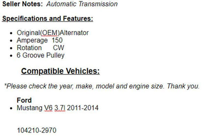 (150 Amp) New Alternator For Ford Mustang 2011 2012 2013 2014 (3.7L)