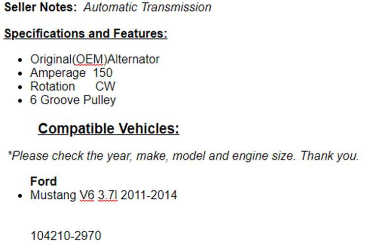 (150 Amp) OEM Alternator Fits Ford Mustang 2011 2012 2013 2014 (3.7L