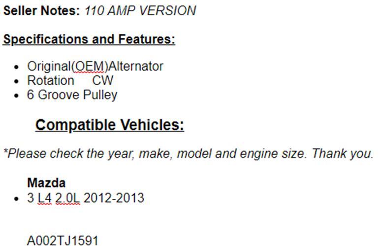 New Alternator Fits 2012-2013 (2.0L) Mazda 3 110 AMP Ver.