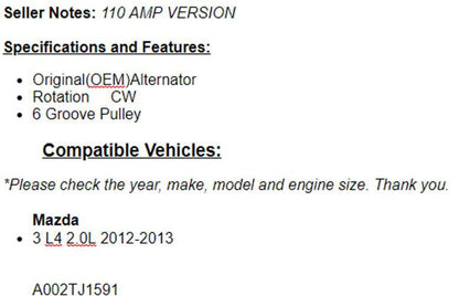New |OEM Alternator Fits Mazda 3 2012-2013 (2.0L) 110 AMP Ver.