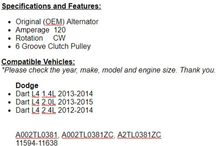 New Alternator For Dodge Dart 2013-2014 (1.4L), 2013 2014 2015 Dart 2.0L
