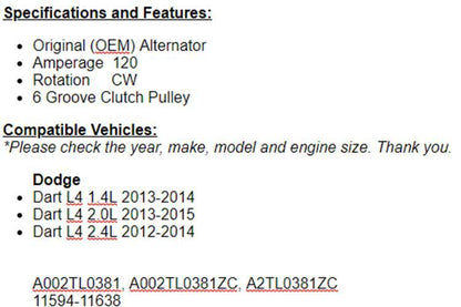 OEM Alternator For Dodge Dart 2013-2014 (1.4L), 2013-15 Dart 2.0L