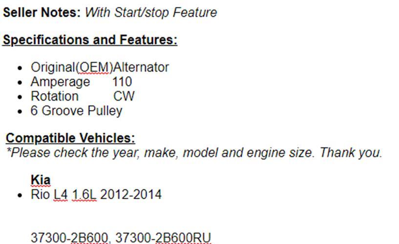 For Kia Rio 1.6L 2012-2013  (2014-2017 w/start-stop equipped) 110AMP Alternator