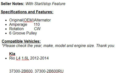 New Alternator For (2014-2017 w/start-stop equipped) Kia Rio 1.6L 12-2013 110AMP
