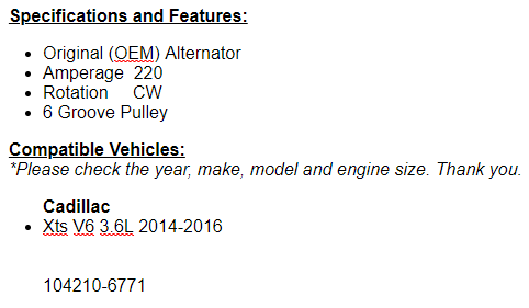 (190 Amp) New Alternator Fits Cadillac XTS 2014 2015 2016 3.6L