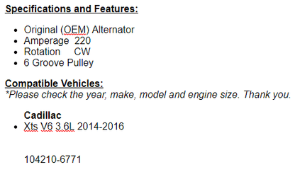 (190 Amp) New Alternator Fits Cadillac XTS 2014 2015 2016 3.6L